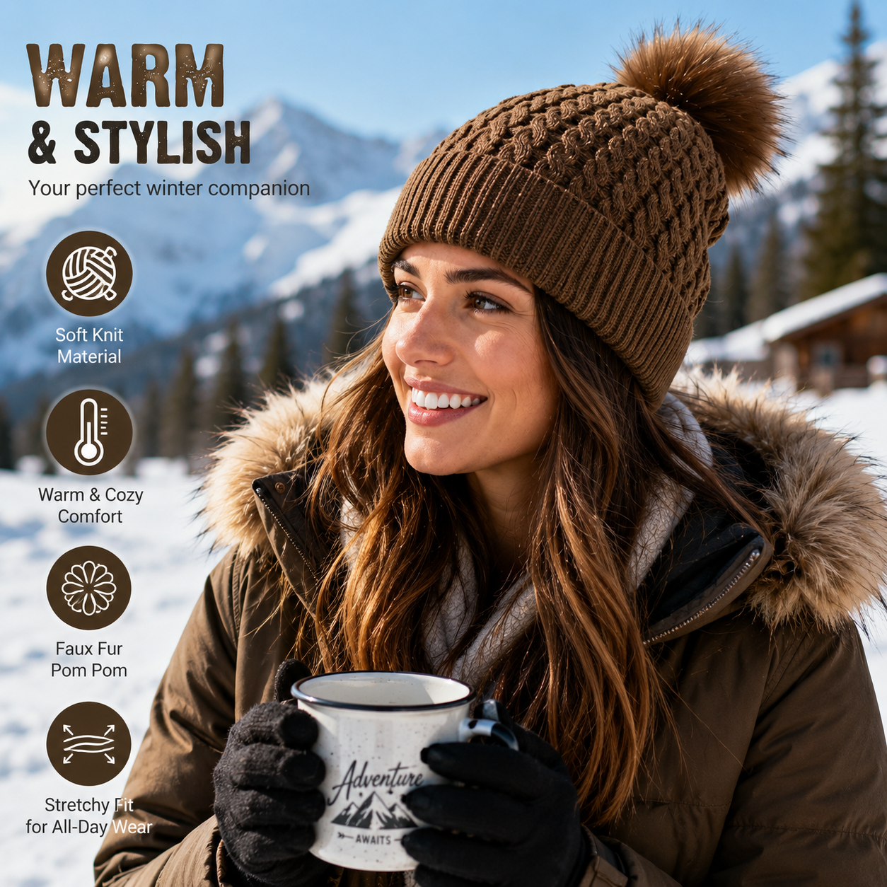 Cable Knit Cuffed Beanie with Faux Fur Pom Pom