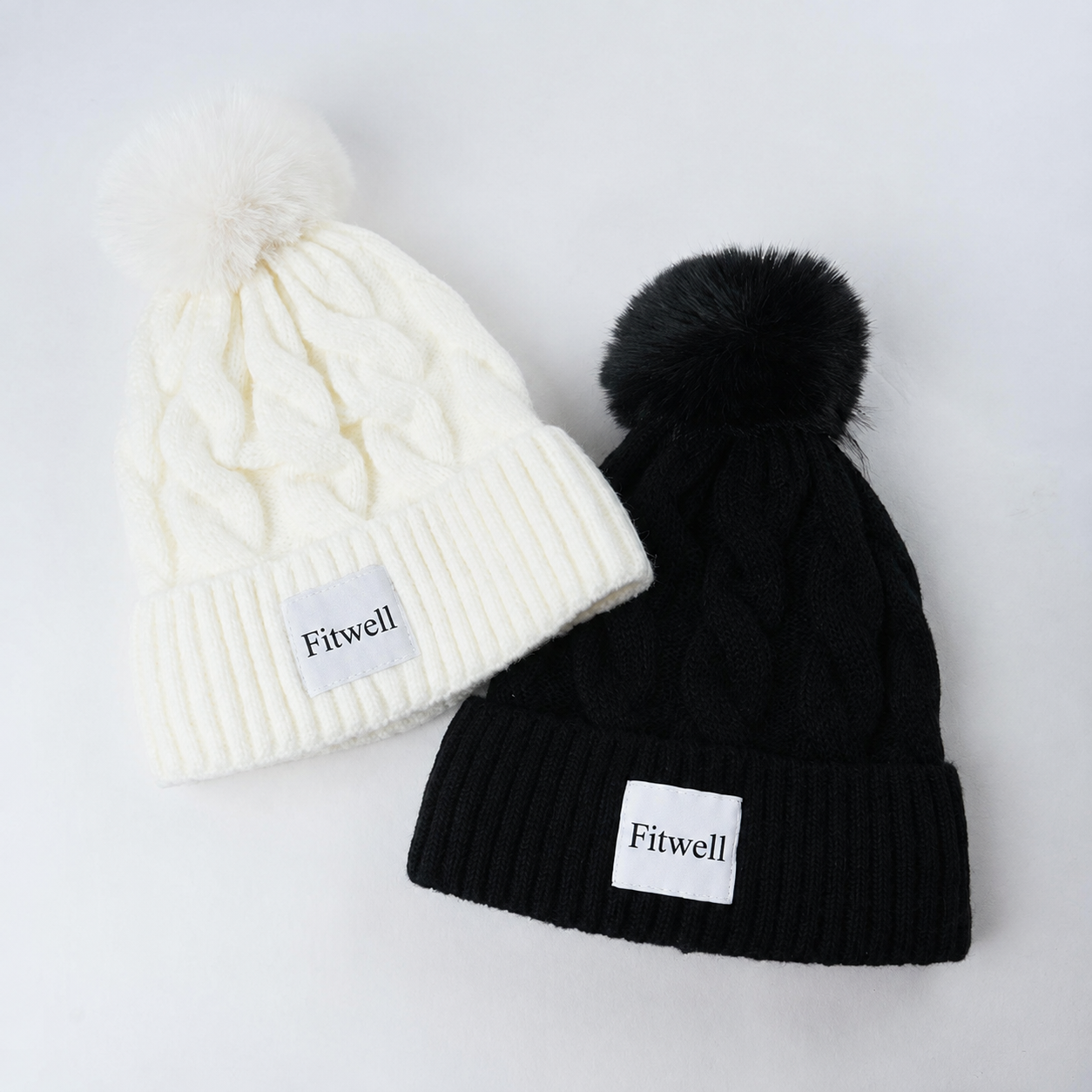 Cable Knit Cuffed Winter Beanie with Faux Fur Pom Pom