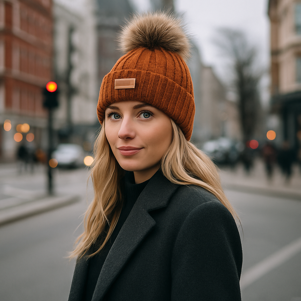 Winter Cable Knit Beanie with Faux Fur Pom — Burgundy