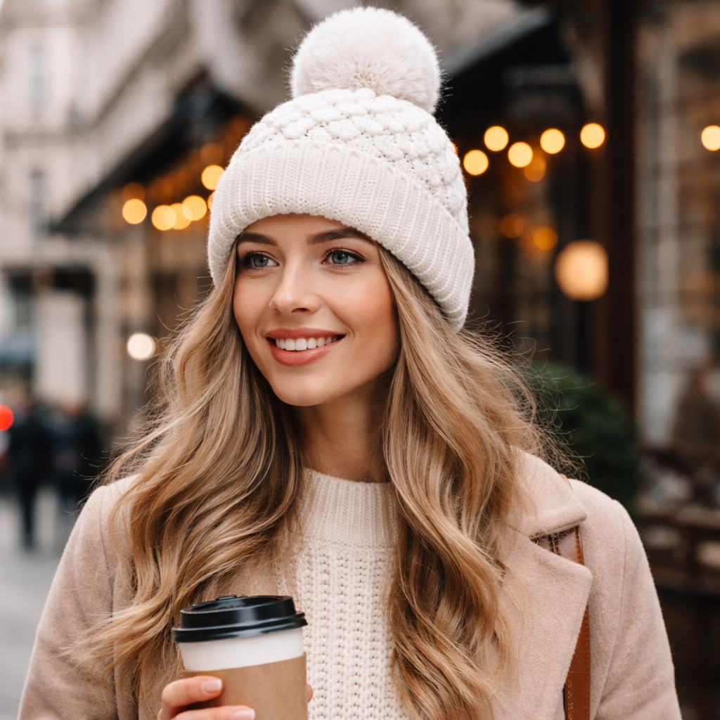Winter Soft Cable Knit Pom Pom Beanie Hat for Women