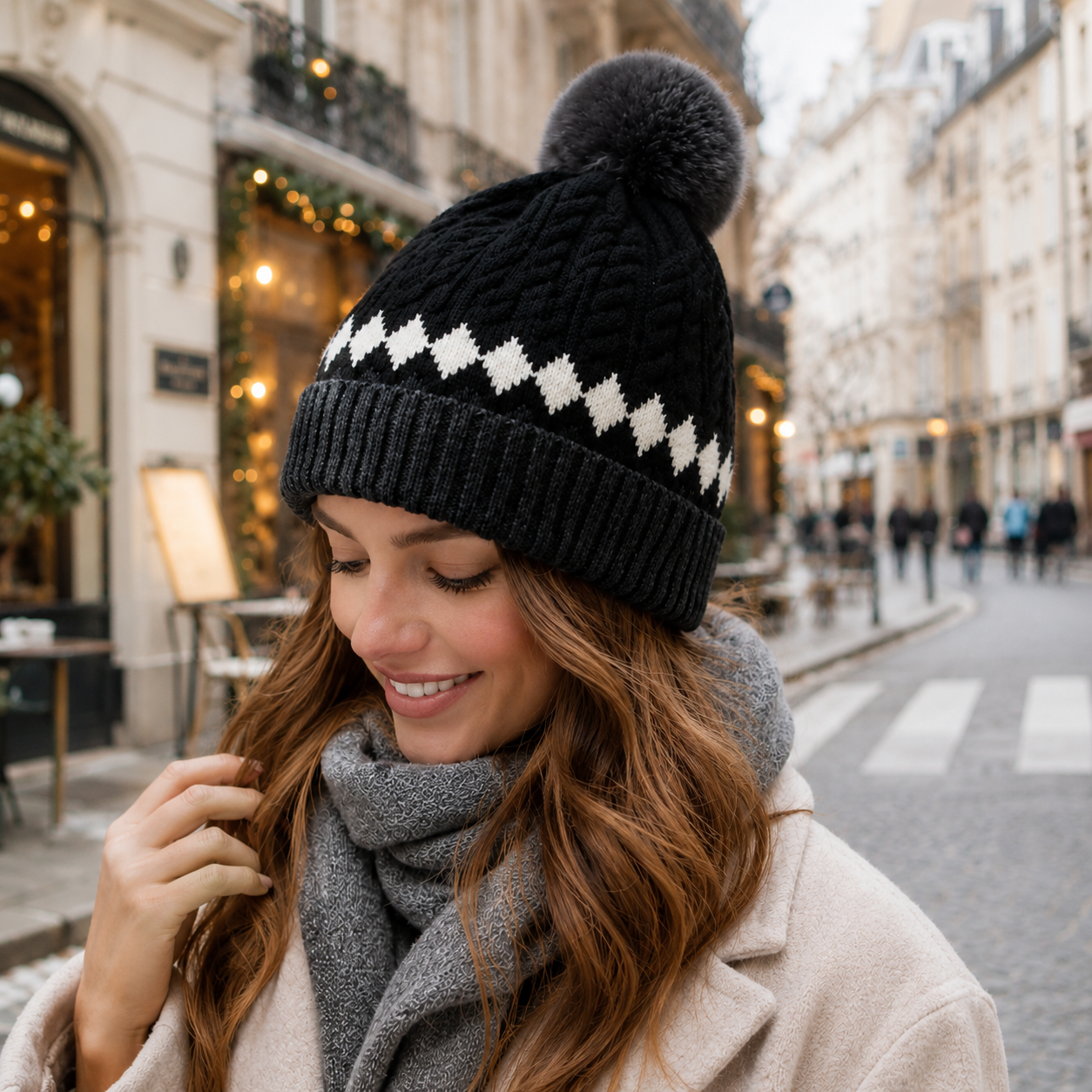 Cable Knit Cuffed Beanie Hat with Faux Fur Pom Pom