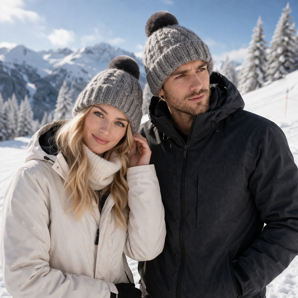 Winter Cable Knit Pom Pom Beanie Hat Set in Grey Cream and Pink