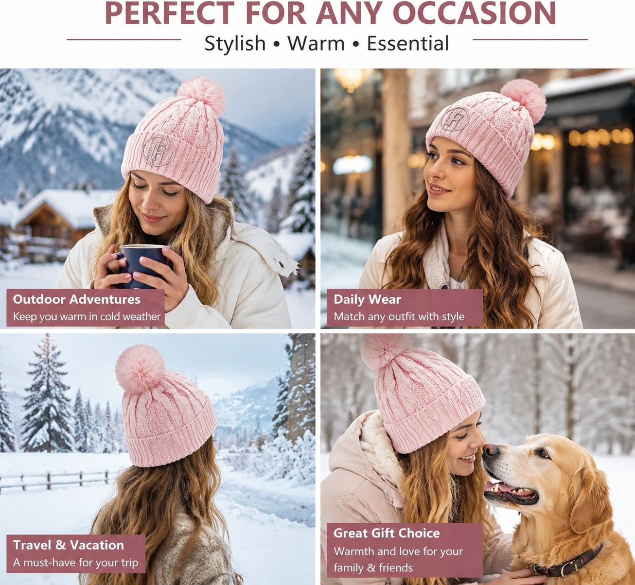 Women's Cable Knit Winter Pom Pom Beanie