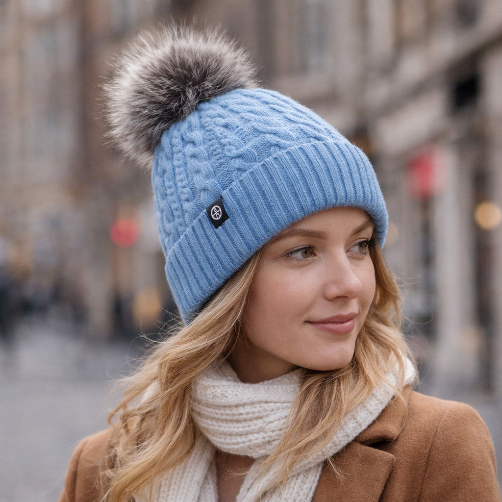 Winter Cable Knit Pom Pom Beanie Hat Soft Warm Cuffed Skull Cap