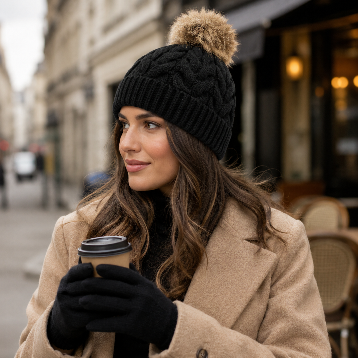 Red Beige Black Cable Knit Beanie Hats with Faux Fur Pom Pom