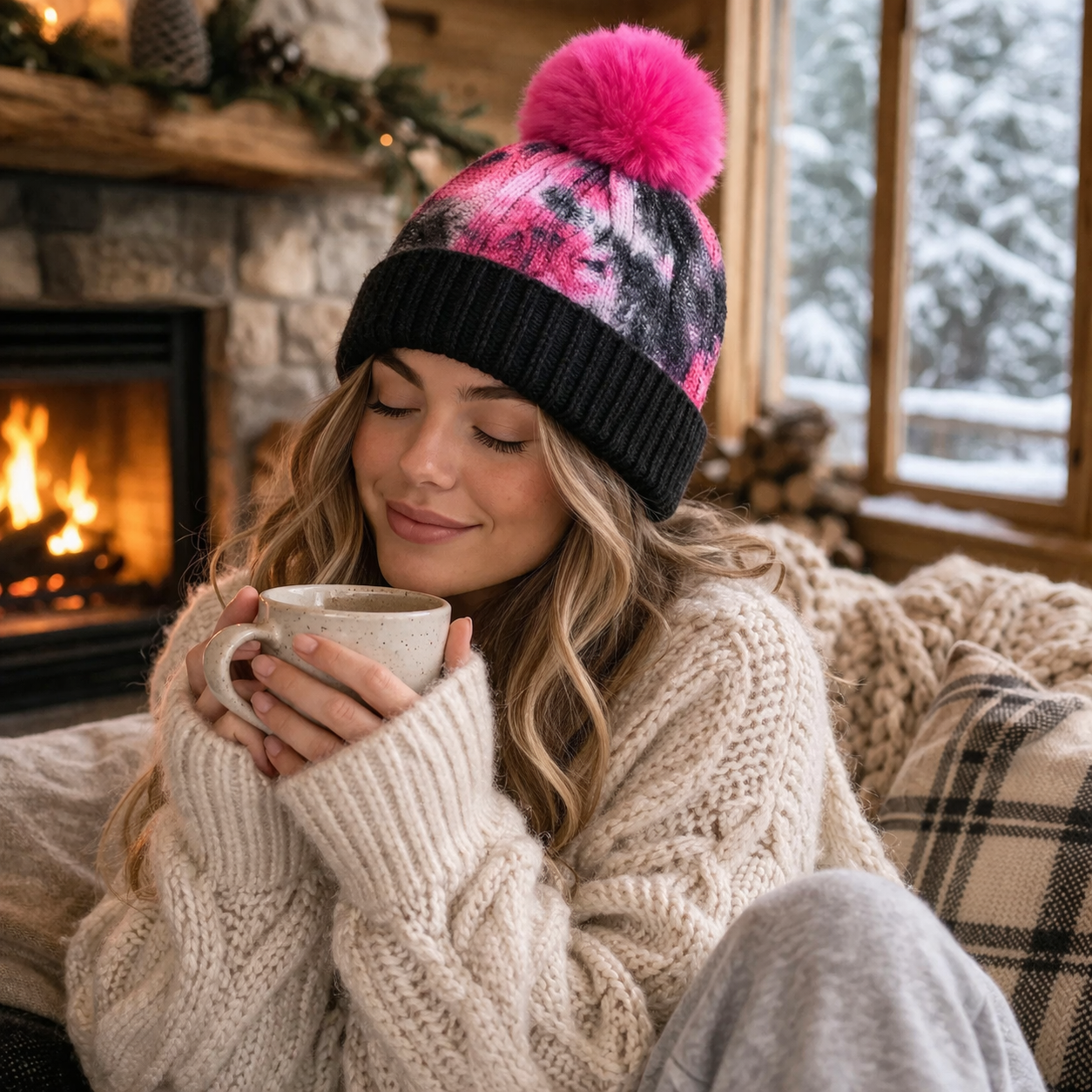Tie Dye Winter Beanie with Faux Fur Pom Pom for Men Women