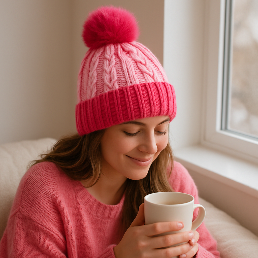 Winter Warm Cable Knit Pom Pom Beanie with Folded Cuff and Faux Fur Ball