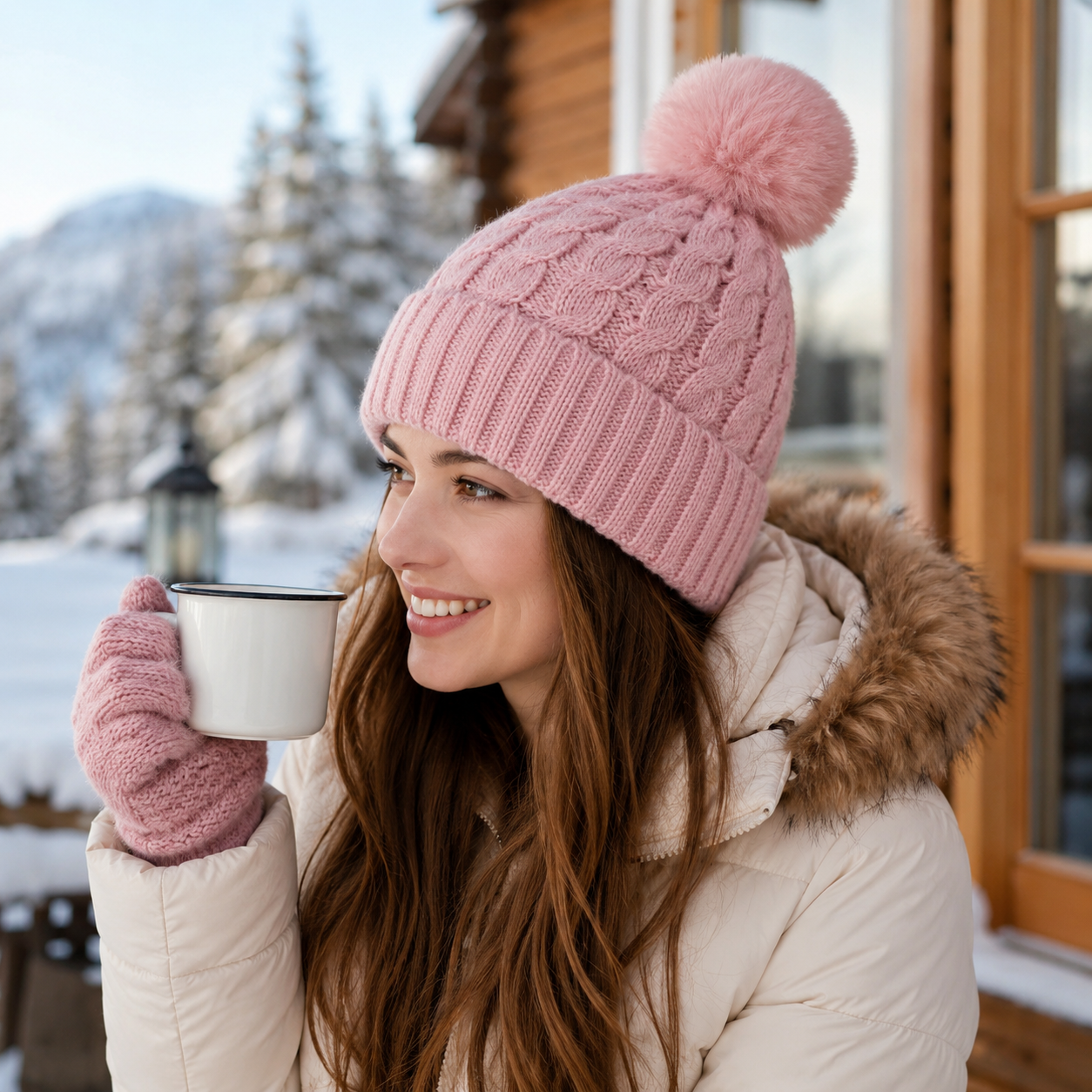 Women's Winter Cable Knit Beanie with Faux Fur Pom Pom