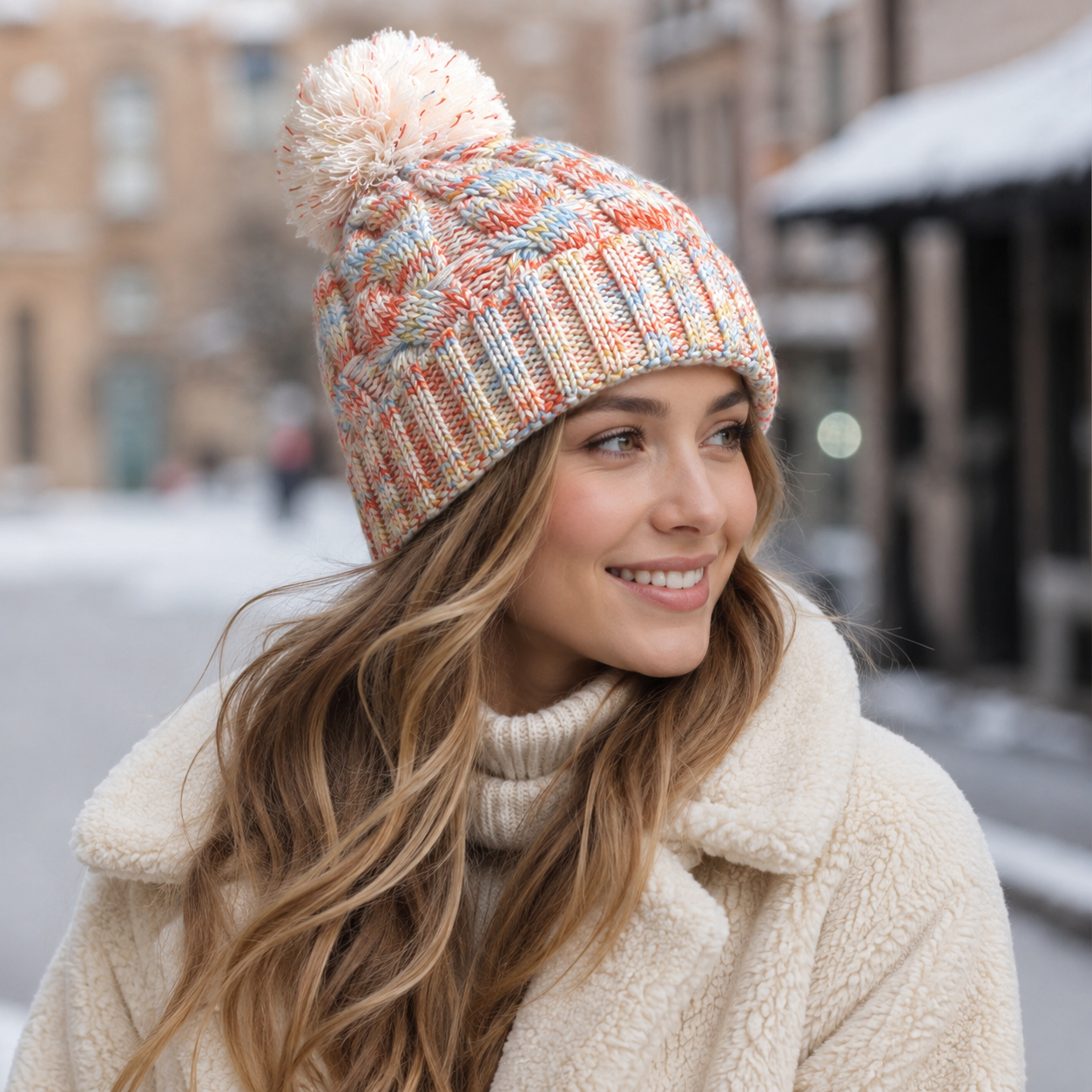 Chunky Cable Knit Pom Pom Beanie Hat with Cuffed Ribbed Brim