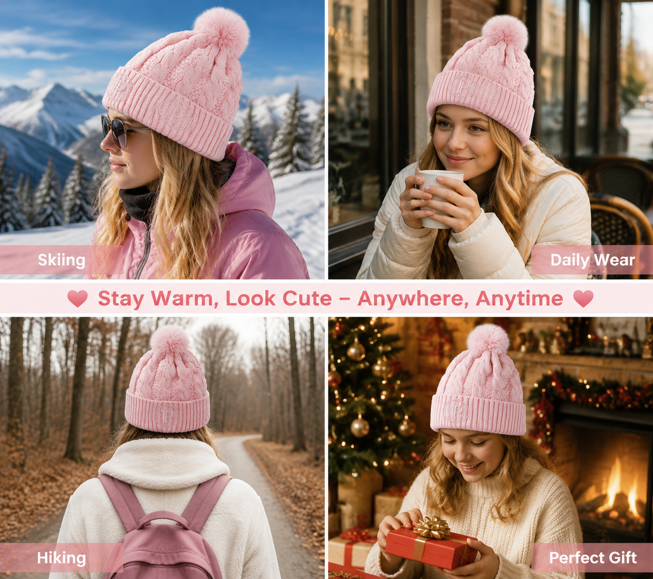 Women's Cable Knit Winter Pom Pom Beanie
