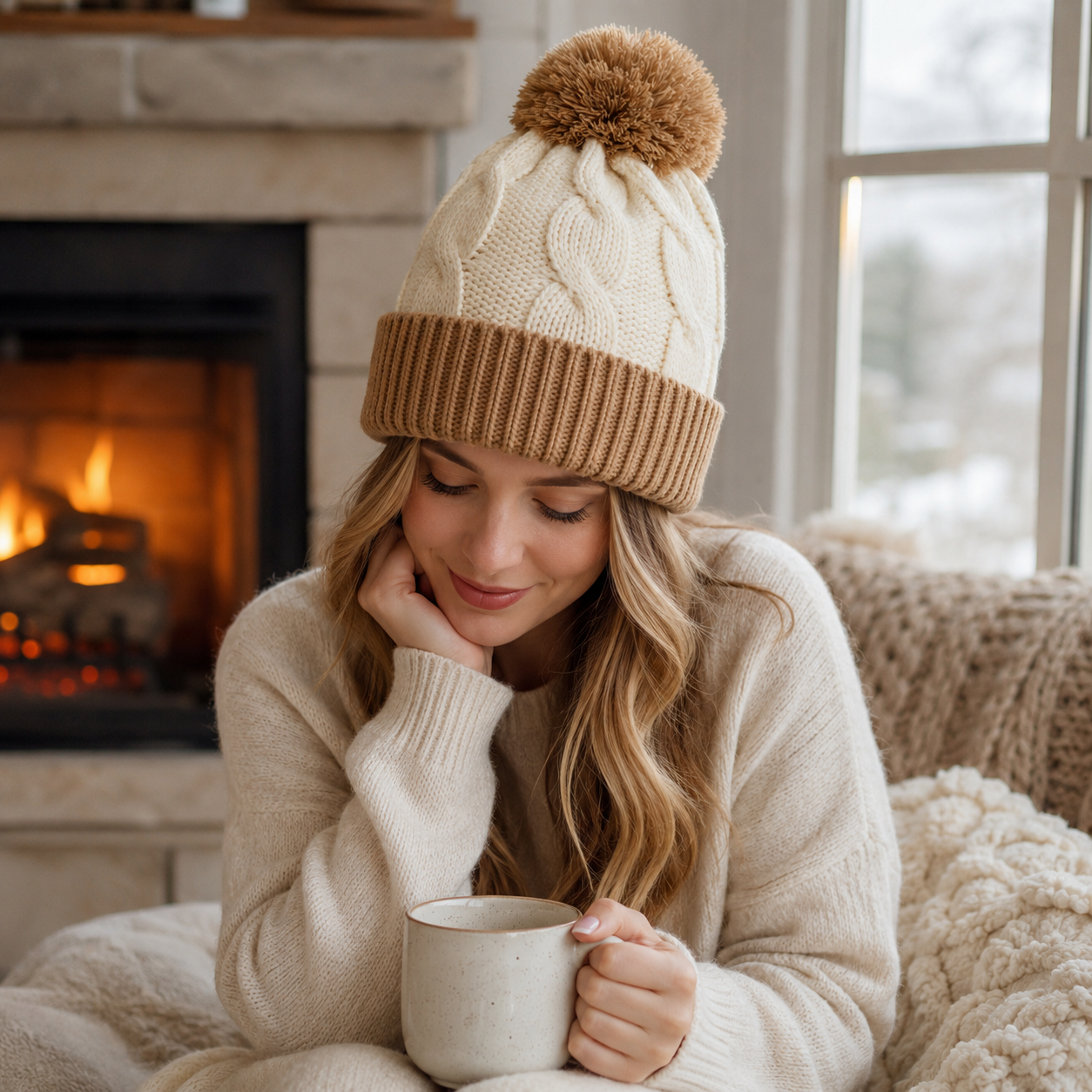 Chunky Cable Knit Cuffed Pom Pom Winter Beanie Hat