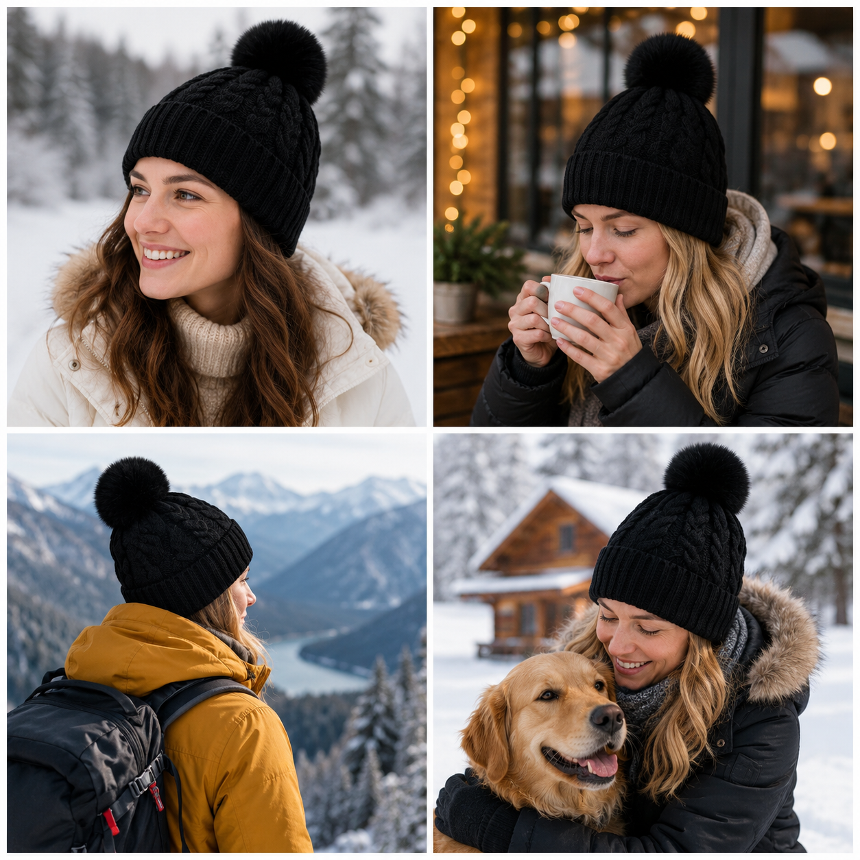 Women’s Winter Cable Knit Cuffed Beanie with Faux Fur Pom Pom