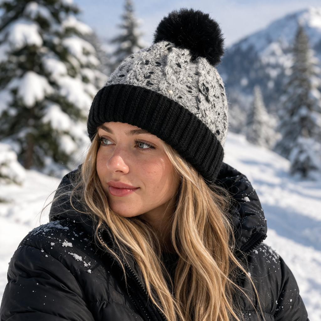 Winter Cable Knit Pom Pom Beanie Hat with Cuffed Design
