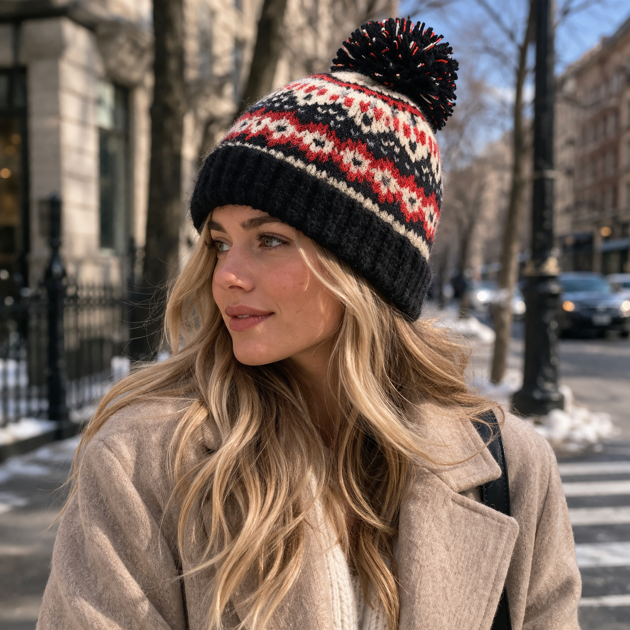 Winter Fair Isle Knitted Pom Pom Beanie Hat for Men Women