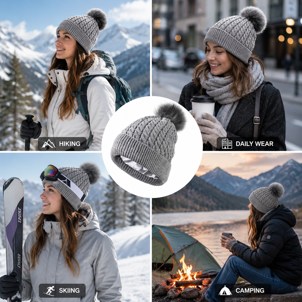 Cable Knit Cuffed Beanie with Faux Fur Pom Pom
