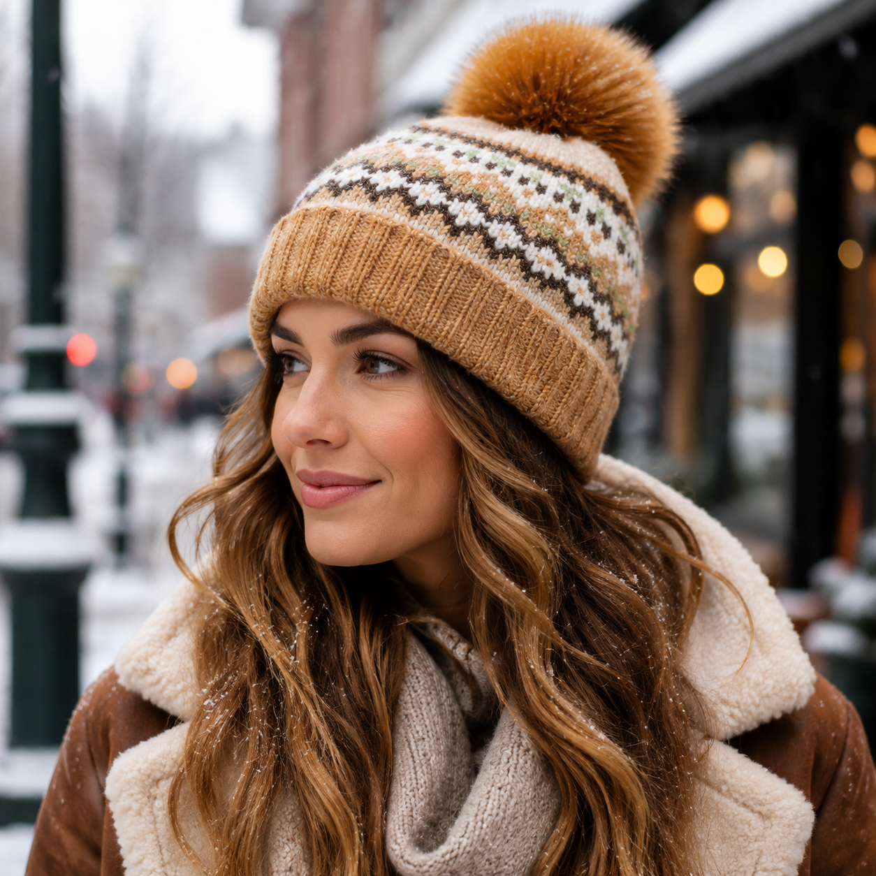 Nordic Fair Isle Winter Knit Beanie with Faux Fur Pom Pom