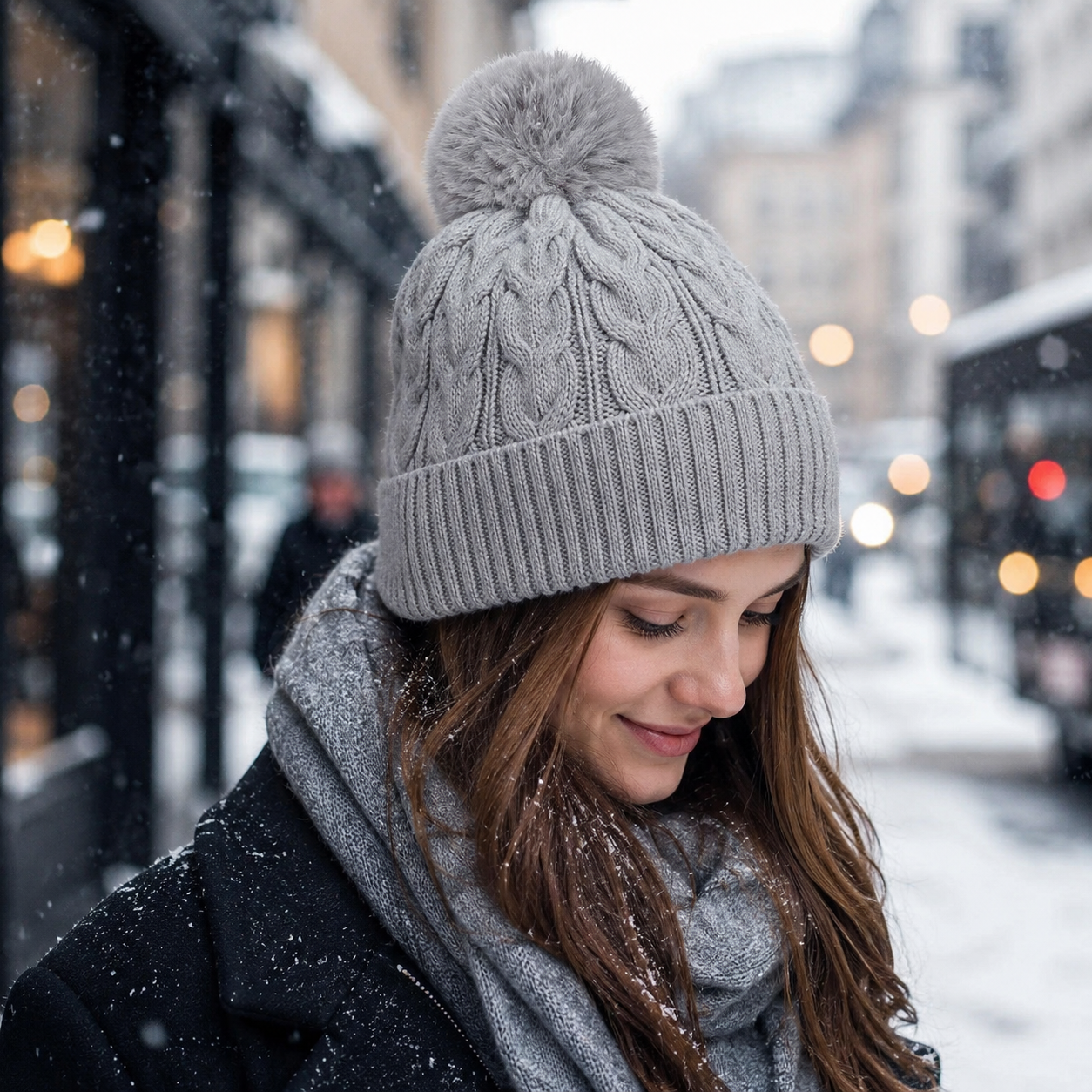 Cable Knit Cuffed Beanie Hat with Faux Fur Pom Pom