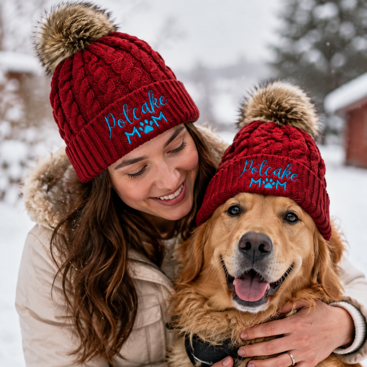 Cable Knit Beanie Hat with Faux Fur Pom Pom, Cuffed Winter Hat with Embroidered Logo