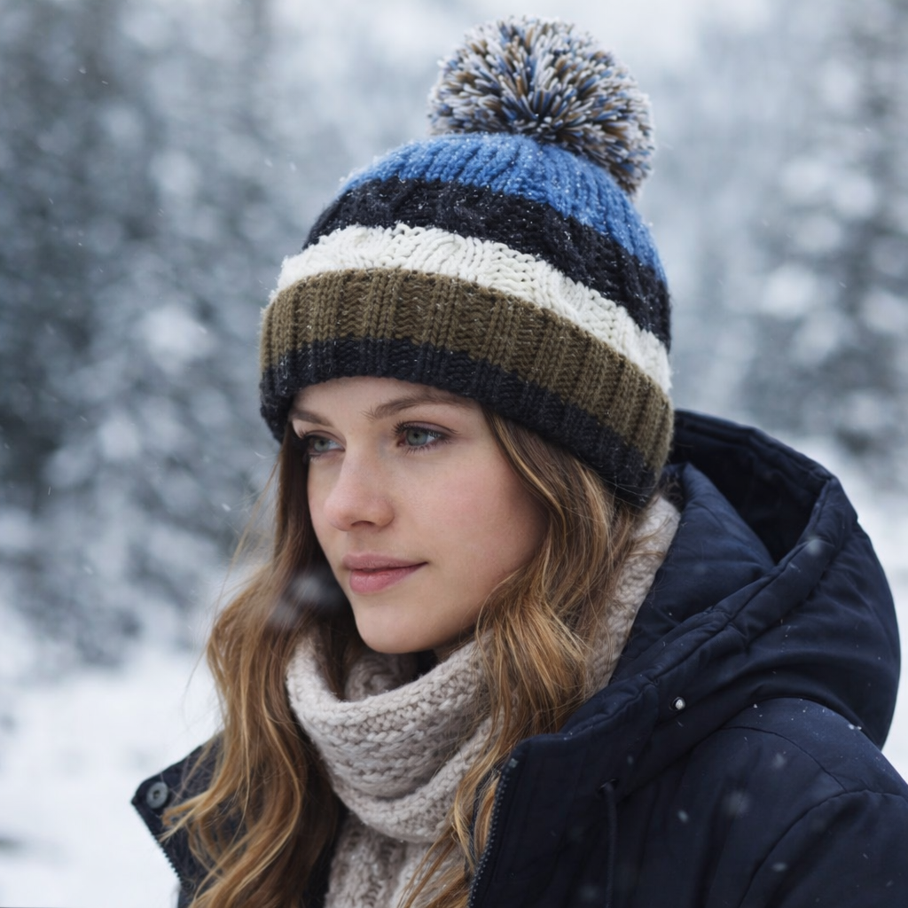 Color Block Cable Knit Pom Pom Beanie Hat Collection