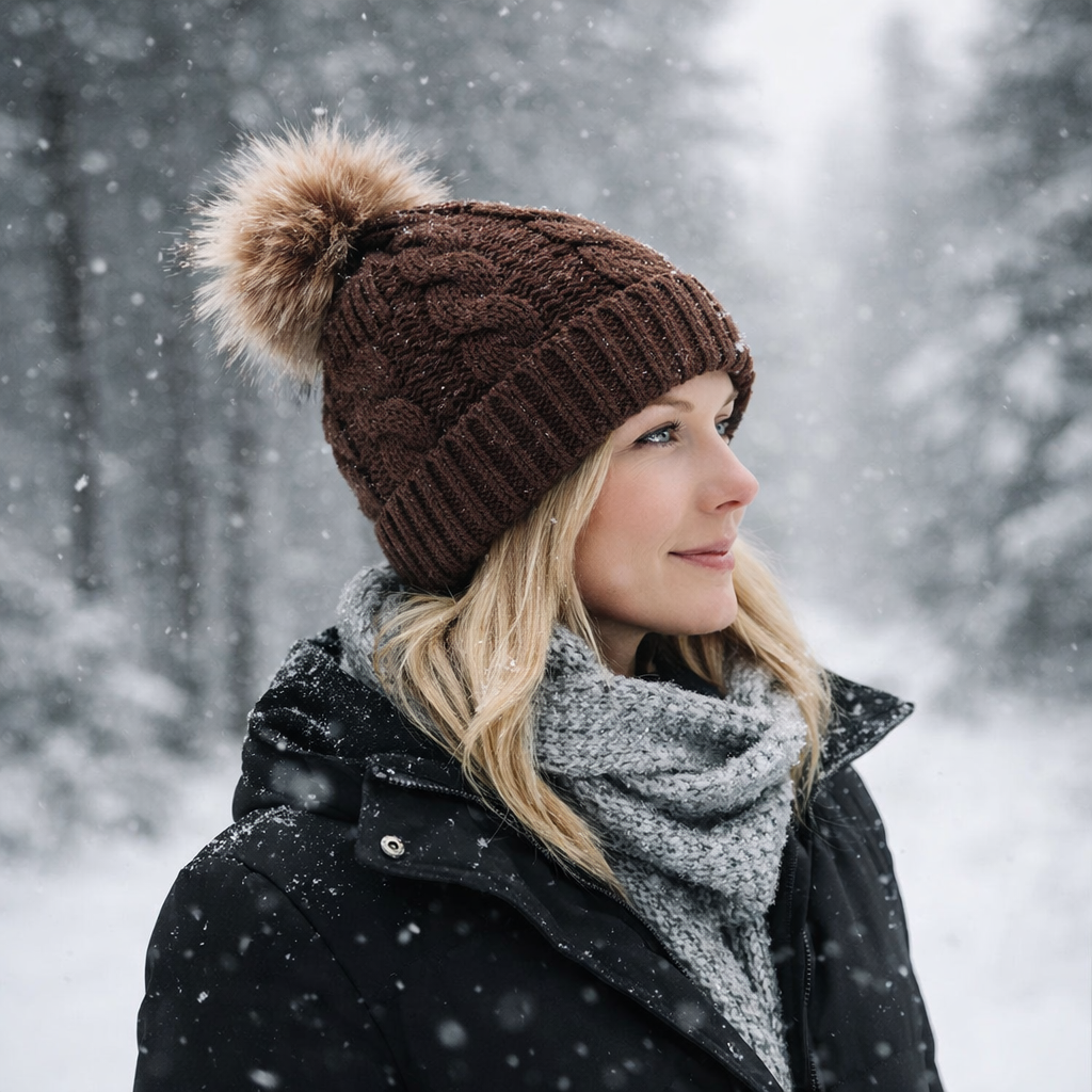 Winter Knit Beanie with Faux Fur Pom – Multiple Colors