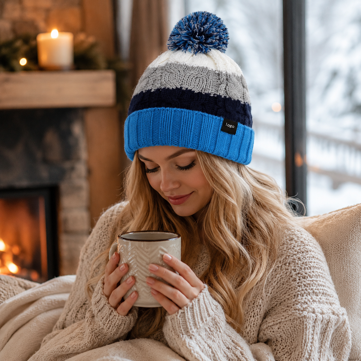 Striped Chunky Cable Knit Cuffed Pom Pom Beanie Hat