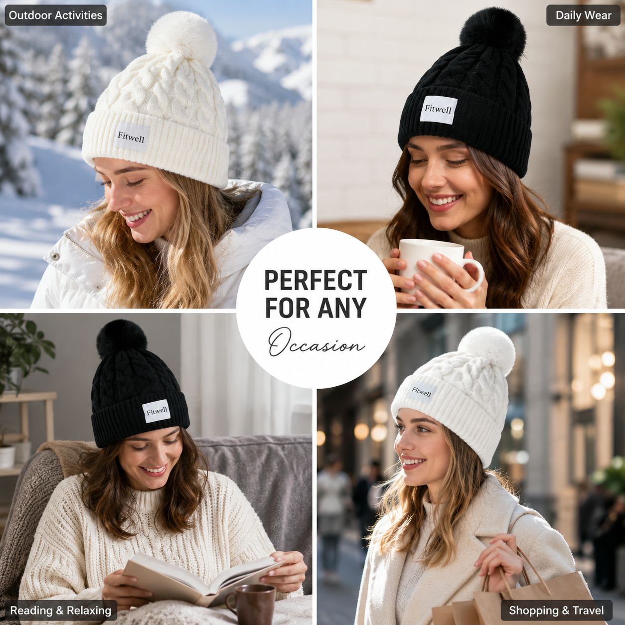 Cable Knit Cuffed Winter Beanie with Faux Fur Pom Pom