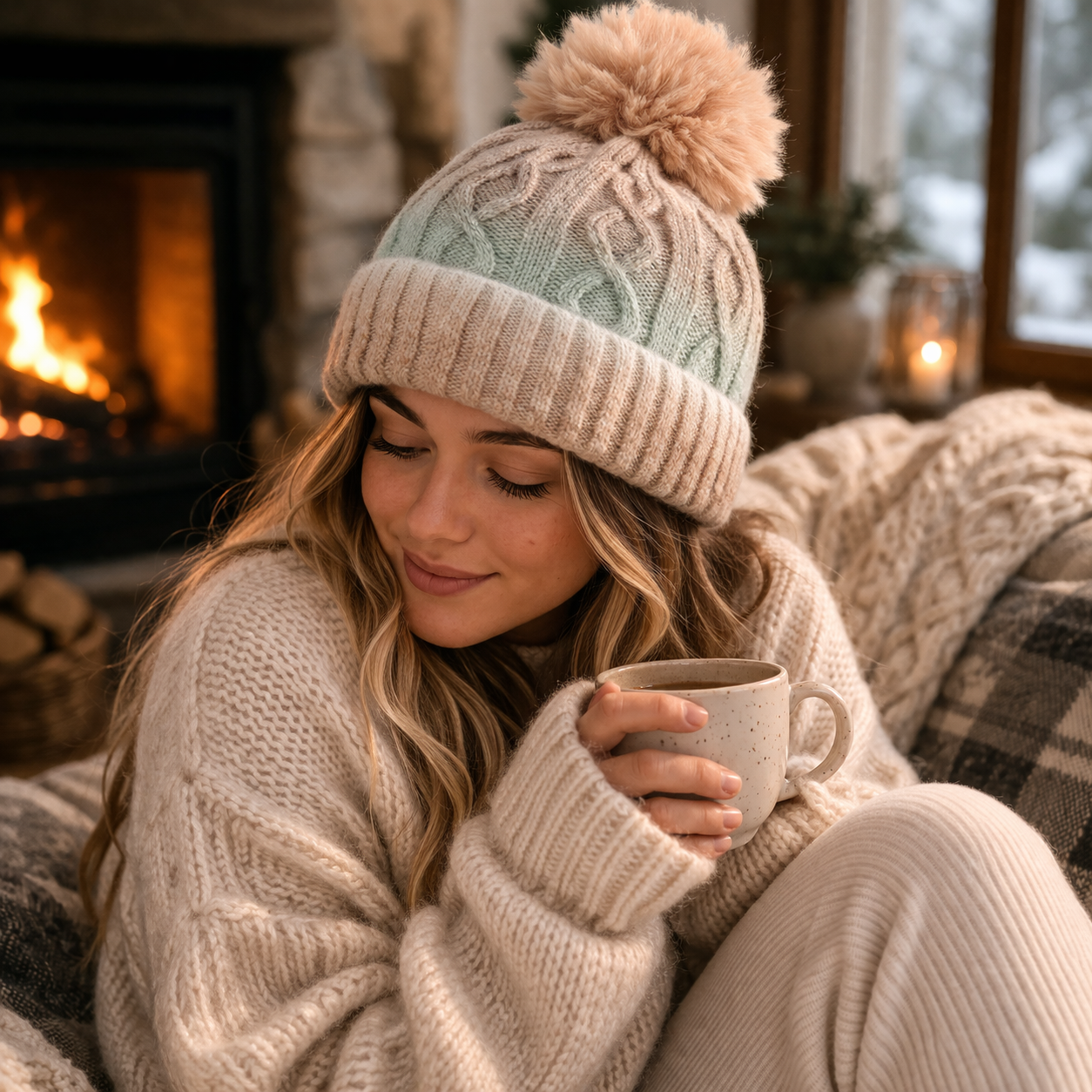 Gradient Cable Knit Beanie Hat with Faux Fur Pom Pom Winter Cap