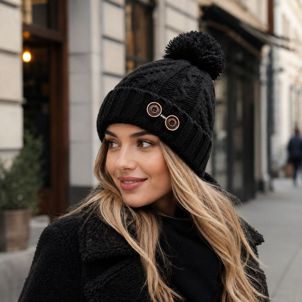 Women’s Cable Knit Cuffed Pom Pom Beanie Hat with Double Button Detail