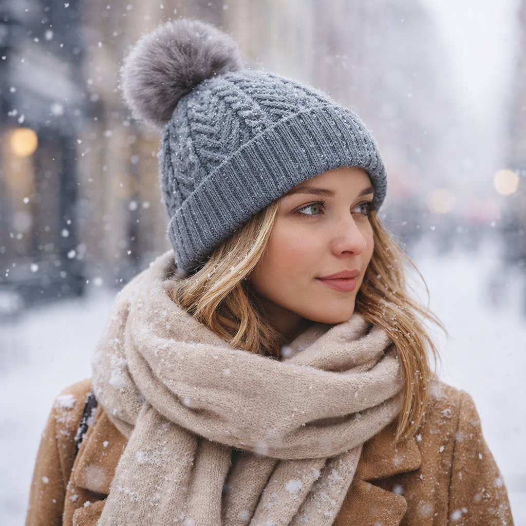 Winter Cable Knit Faux Fur Pom Pom Beanie Hat for Women