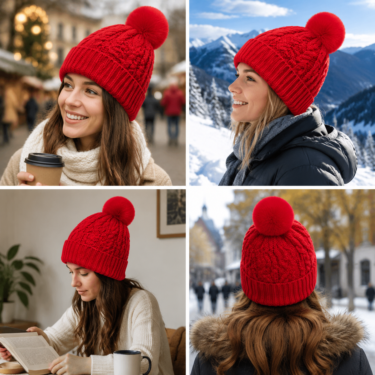 Cable Knit Cuffed Winter Beanie with Faux Fur Pom Pom