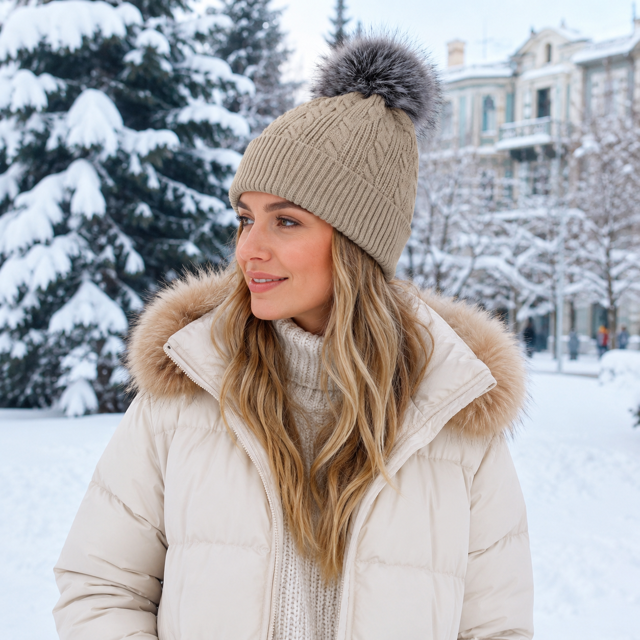 Cable Knit Cuffed Beanie with Faux Fur Pom Pom