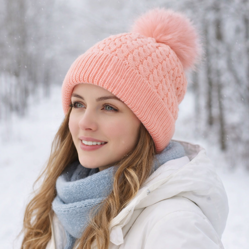 Warm Cable Knit Winter Pom Pom Hat – Unisex Snow Beanie Cap