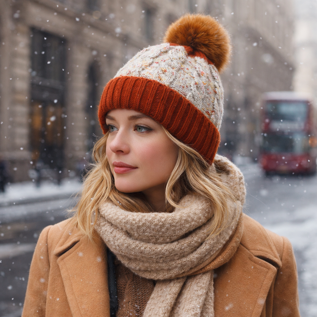 Women's Winter Cable Knit Pom Pom Beanie with Faux Fur Top