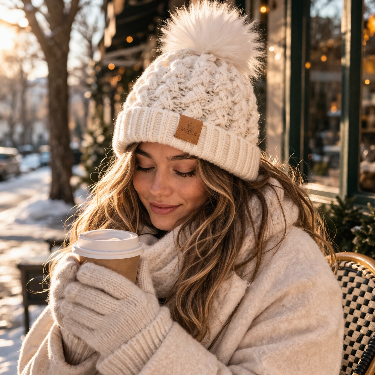 Winter Cable Knit Beanie with Faux Fur Pom Pom Thick Cuffed Warm Hat