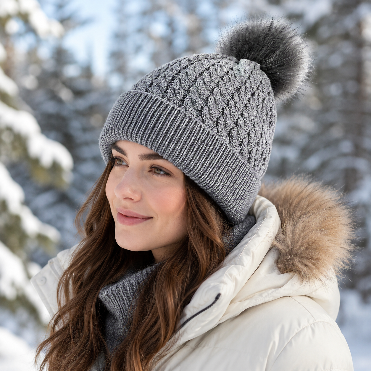 Cable Knit Cuffed Pom Pom Beanie with Faux Fur Top