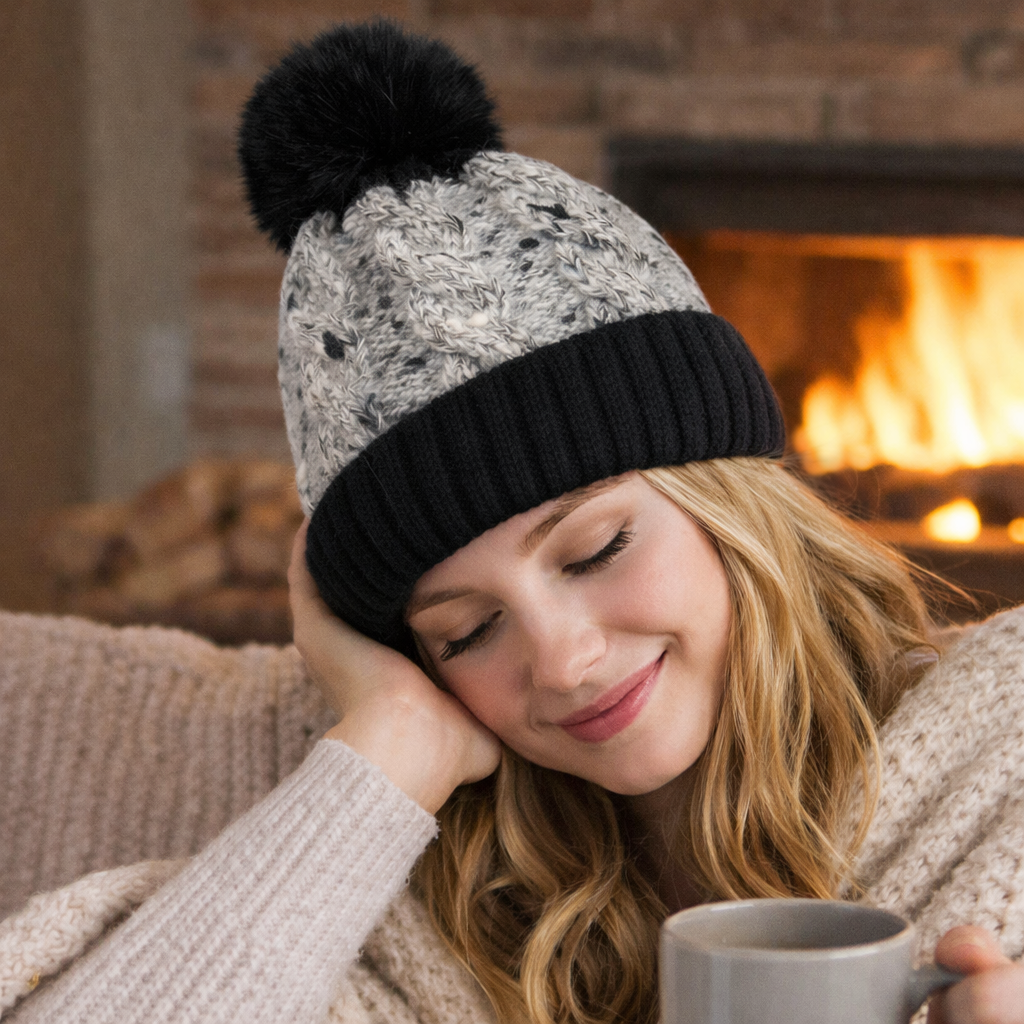 Women's Winter Cable Knit Pom Pom Beanie with Faux Fur Top