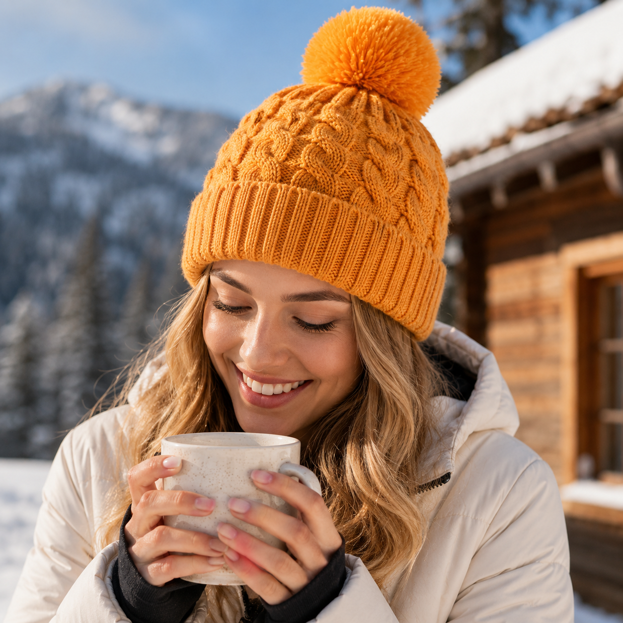 Women’s Winter Cable Knit Cuffed Beanie with Faux Fur Pom Pom