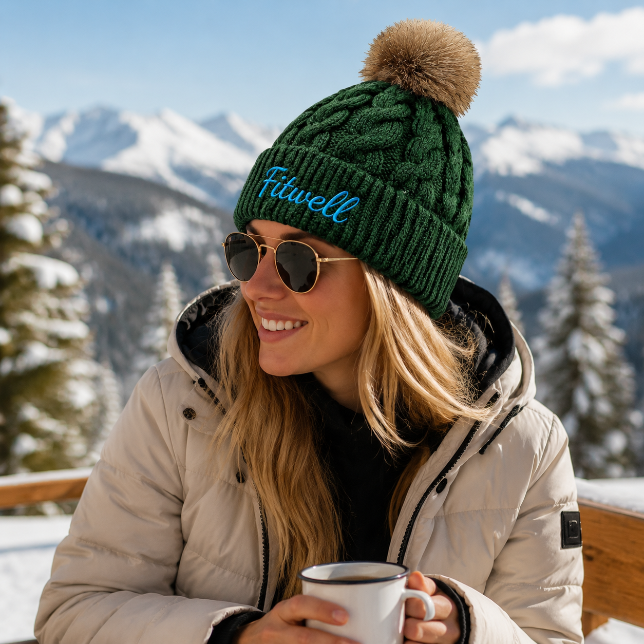 Cable Knit Beanie Hat with Faux Fur Pom Pom, Cuffed Winter Hat with Embroidered Logo