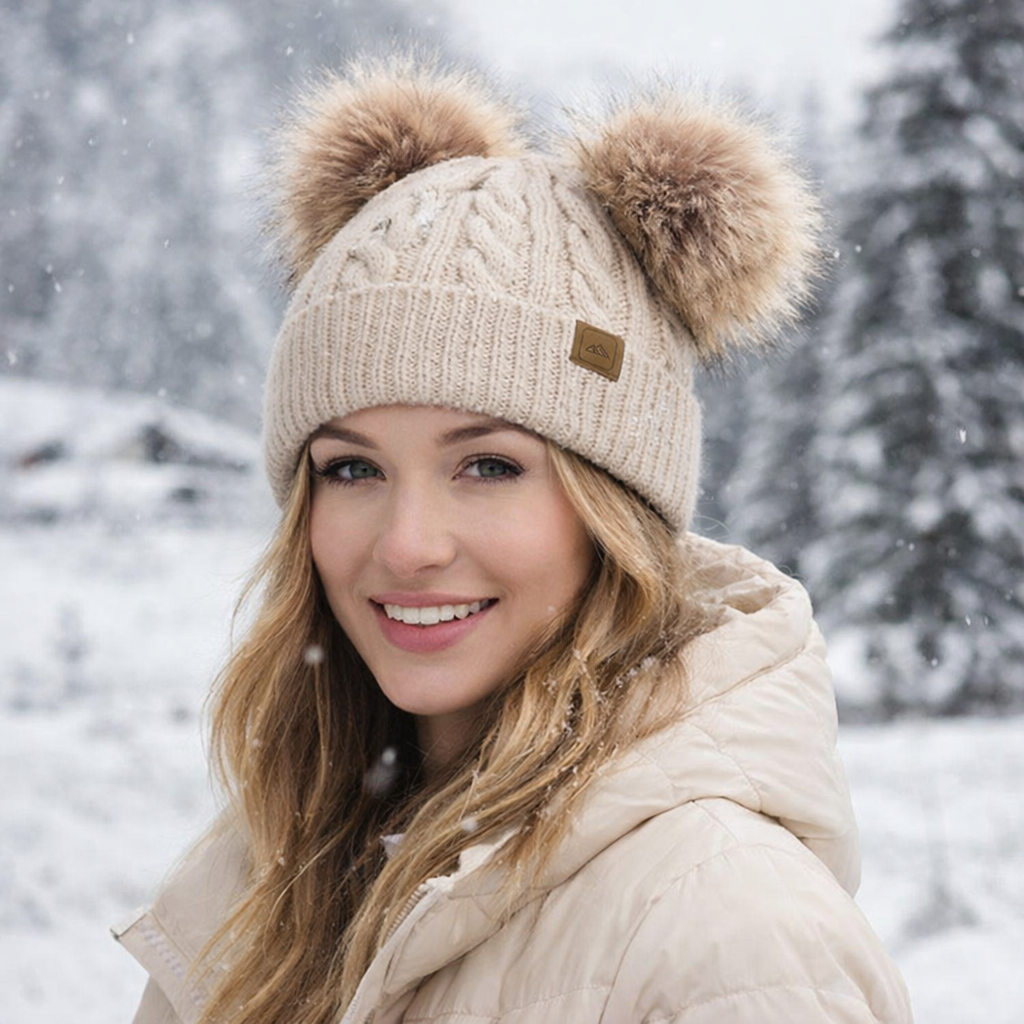Warm Winter Cable Knit Double Pom Pom Beanie Hat for Kids & Adults