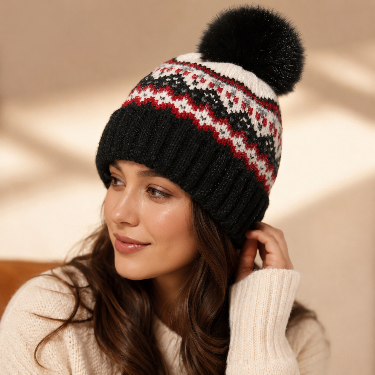 Nordic Fair Isle Winter Knit Beanie with Faux Fur Pom Pom