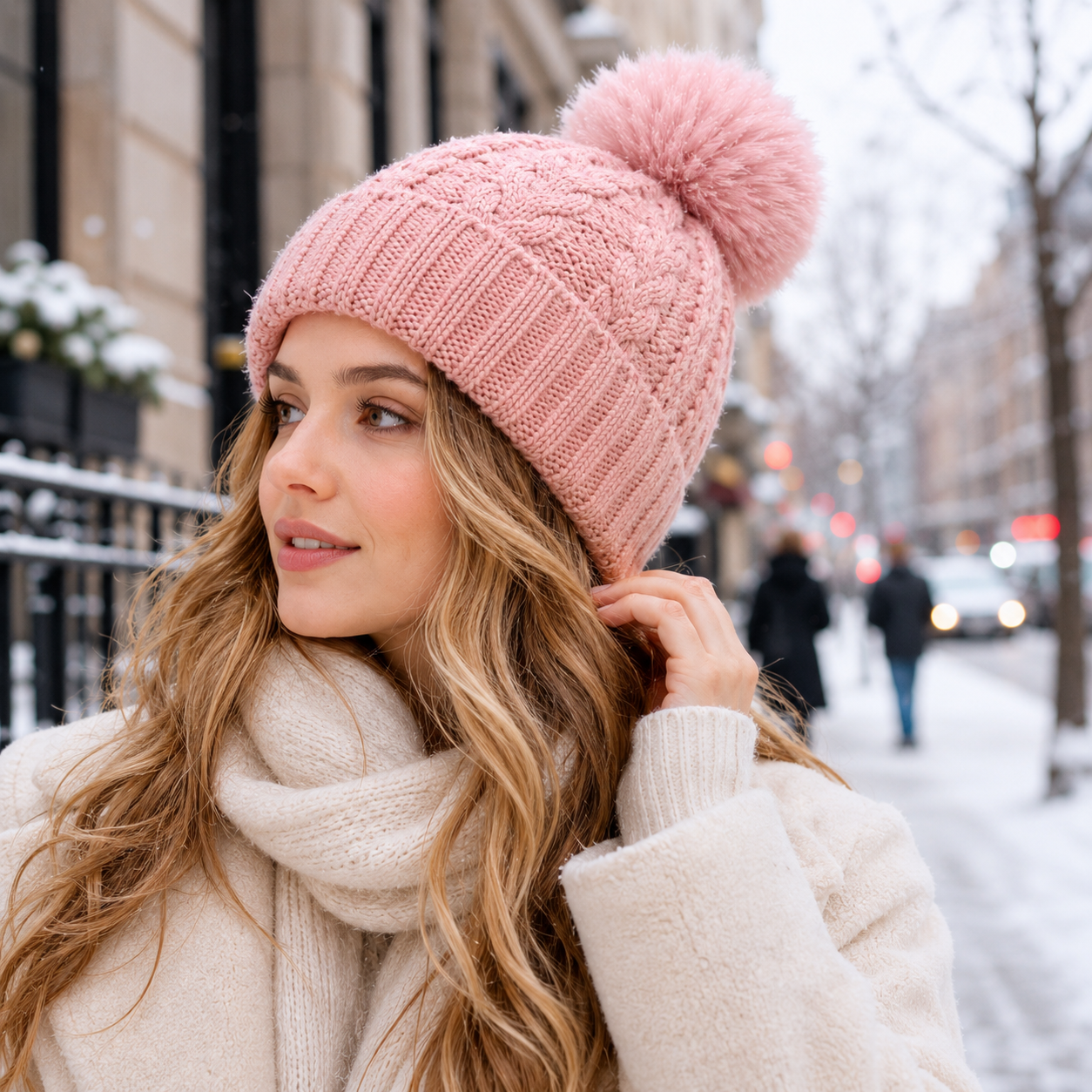 Thick Cable Knit Cuffed Faux Fur Pom Pom Beanie Hat