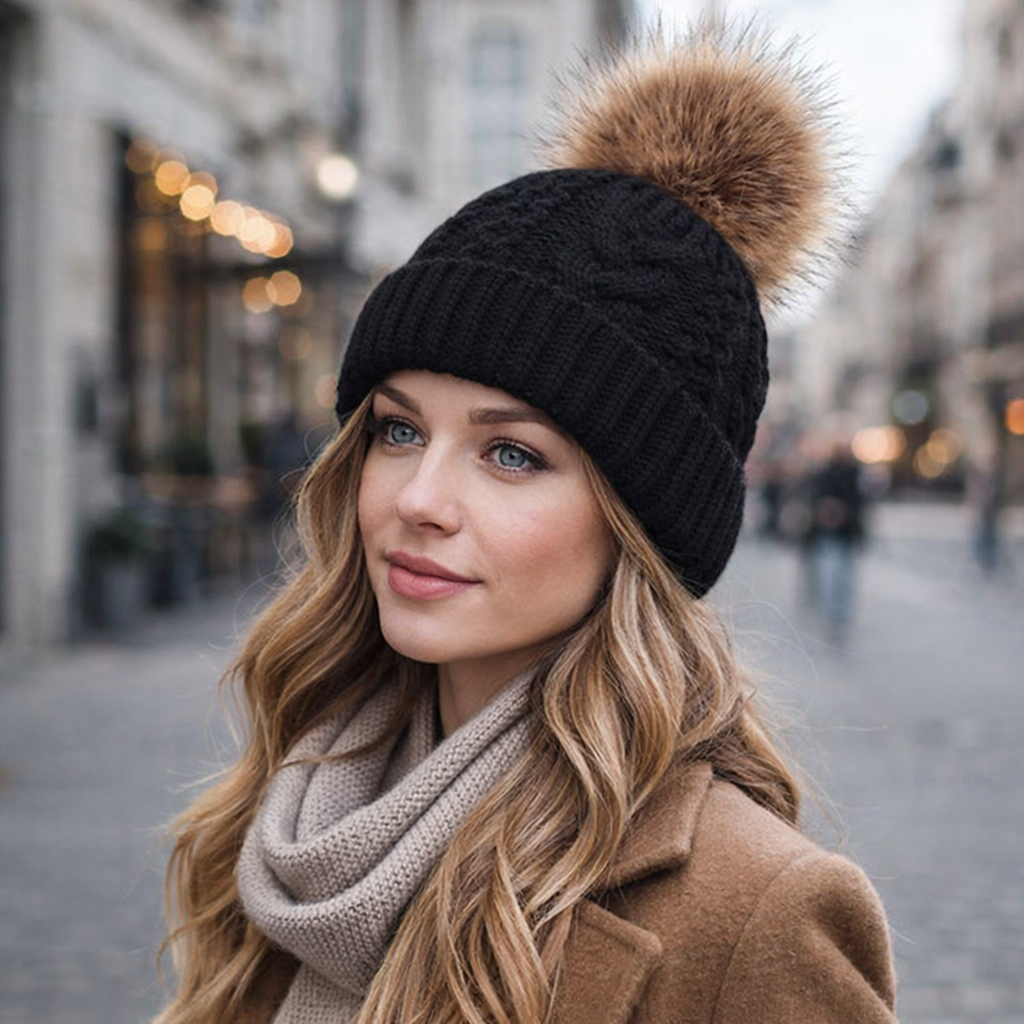Winter Cable Knit Pom Pom Beanie Hat for Women Soft Warm Cuffed Skull Cap