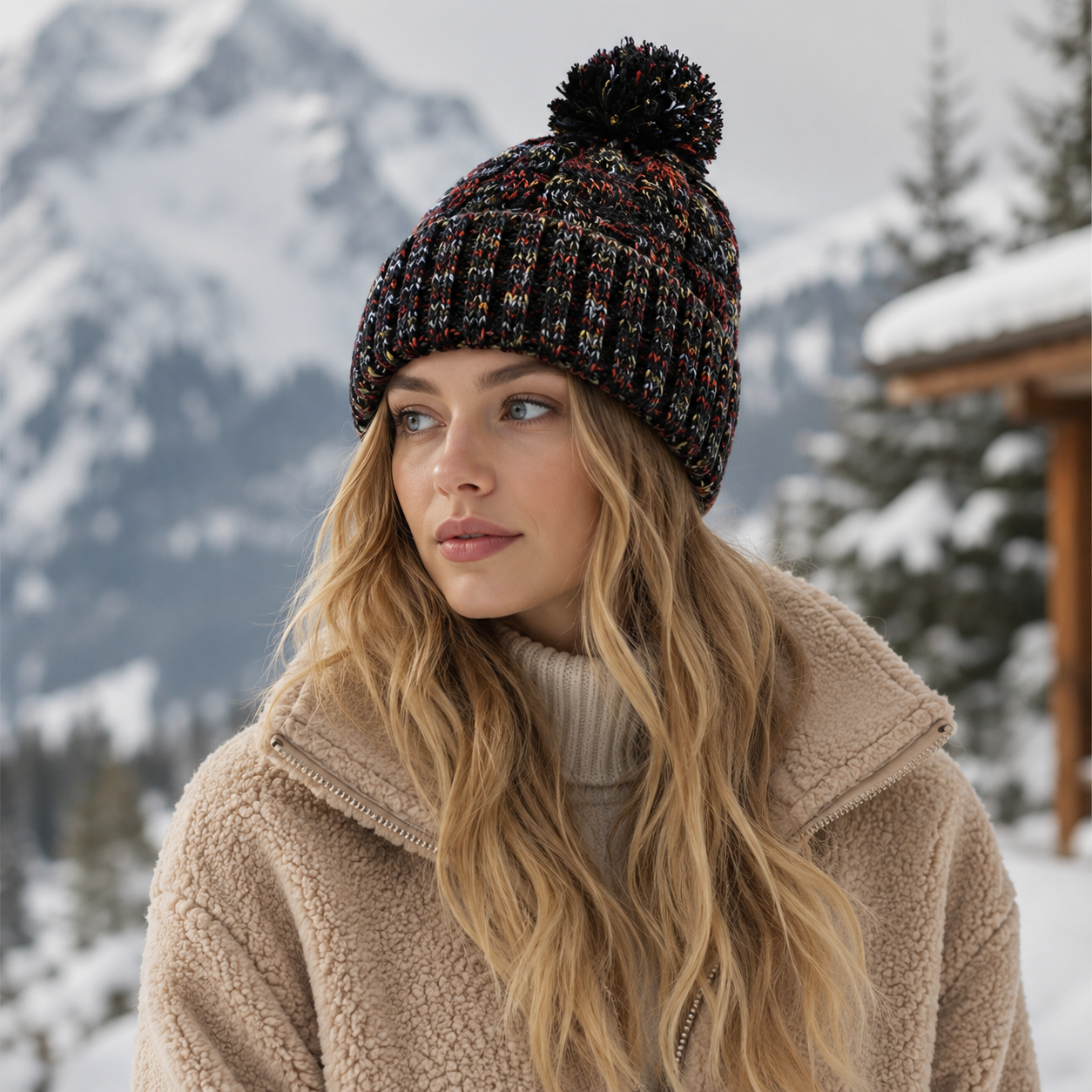 Chunky Cable Knit Pom Pom Beanie Hat with Cuffed Ribbed Brim
