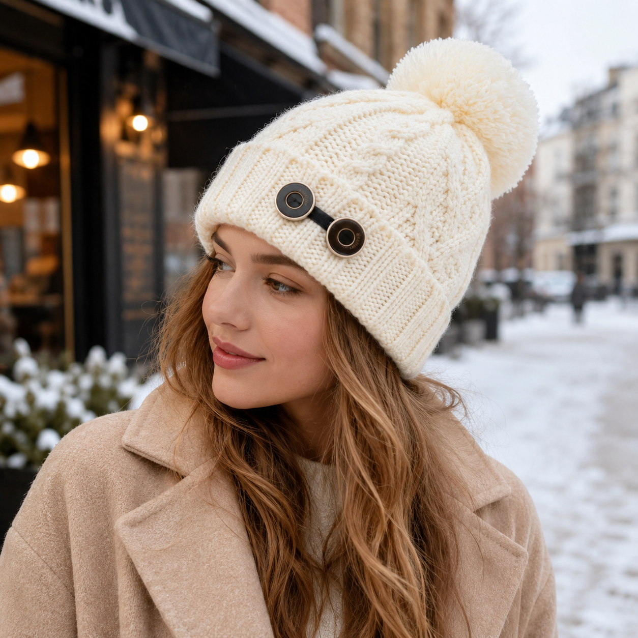 Women’s Cable Knit Cuffed Pom Pom Beanie Hat with Double Button Detail