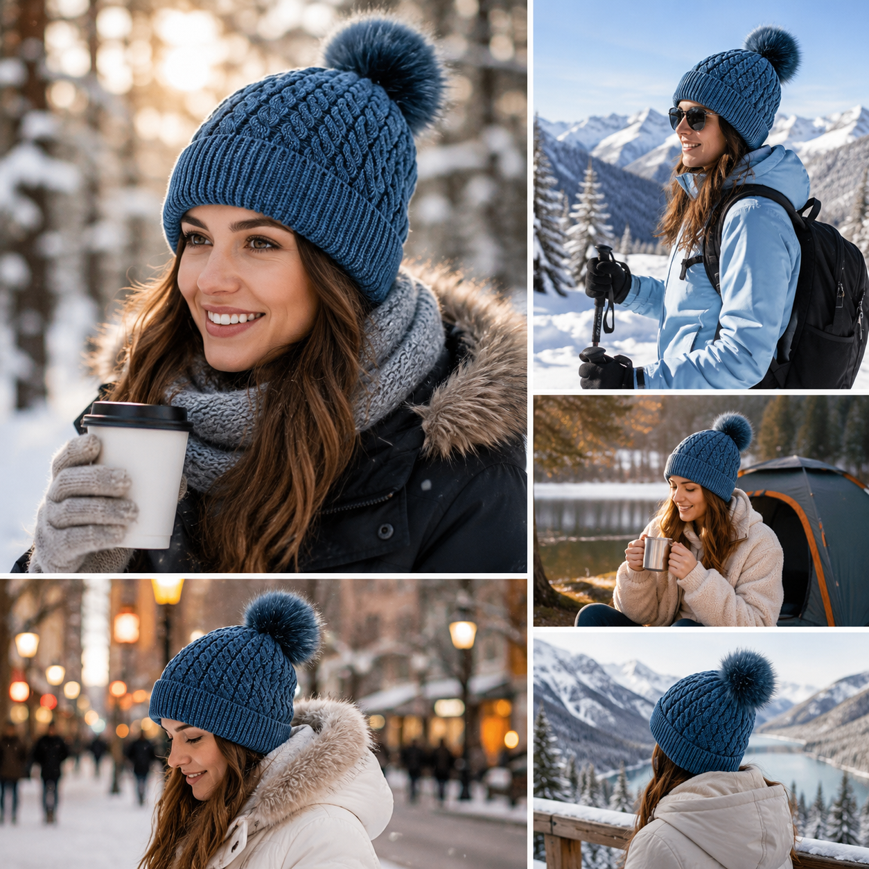 Cable Knit Cuffed Beanie with Faux Fur Pom Pom