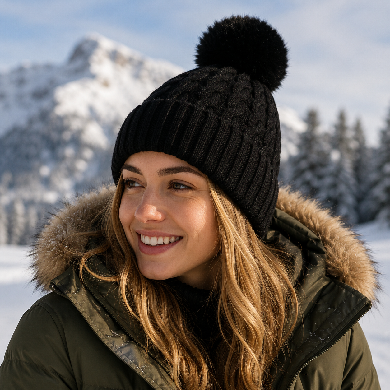 Women's Winter Cable Knit Beanie with Faux Fur Pom Pom
