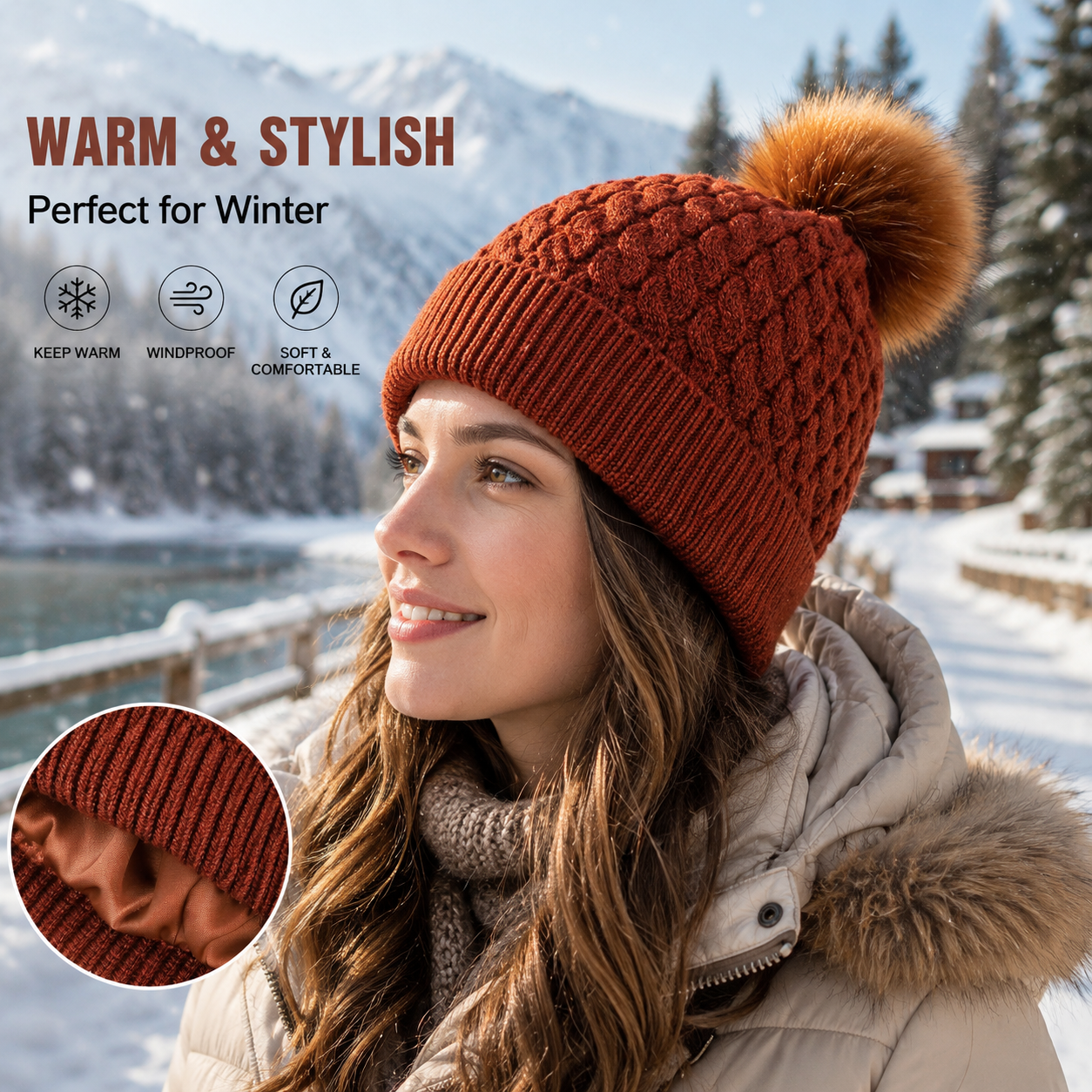 Cable Knit Cuffed Beanie with Faux Fur Pom Pom