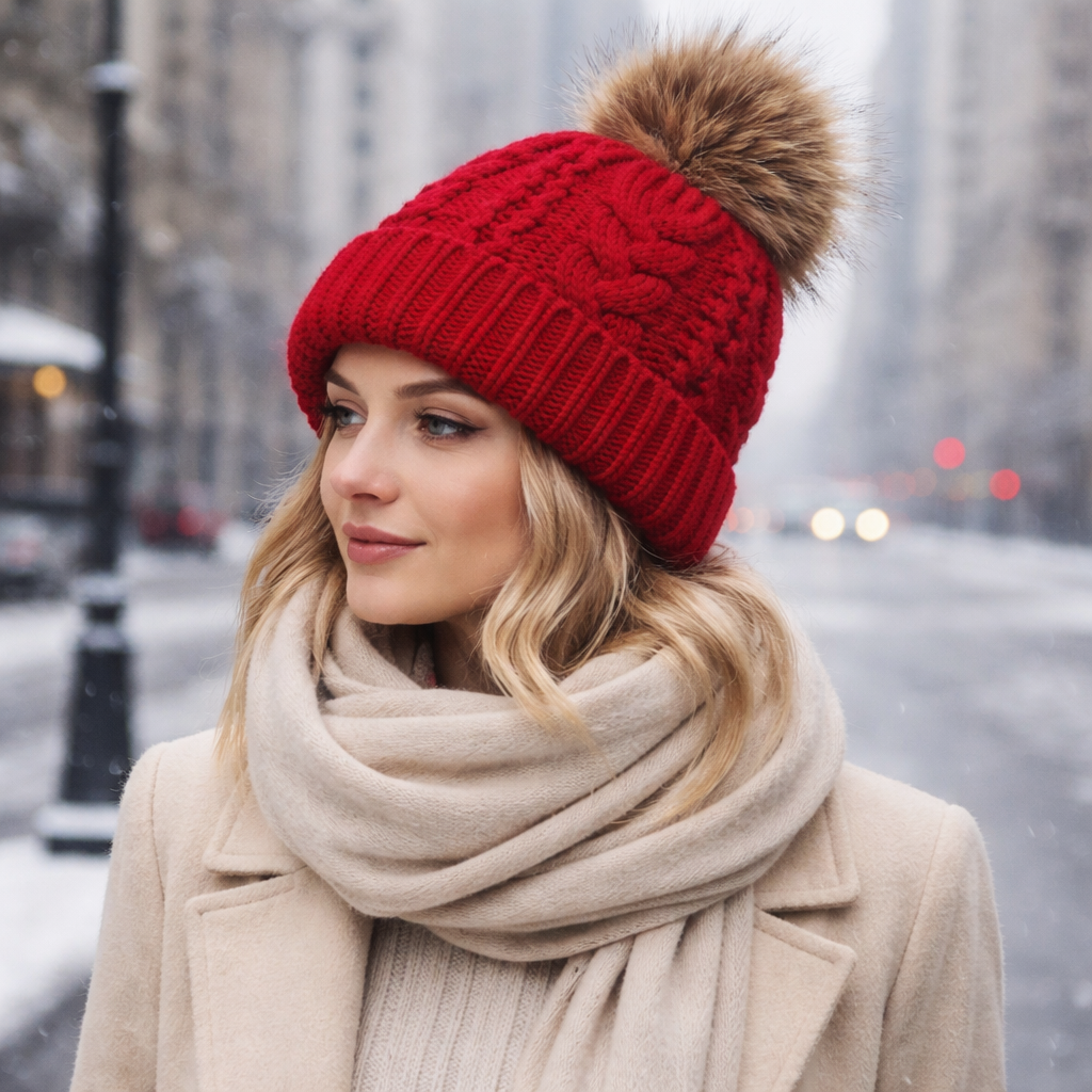 Winter Cable Knit Pom Pom Beanie Hat for Women Soft Warm Cuffed Skull Cap