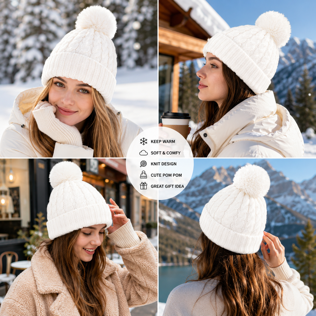Winter Cable Knit Pom Pom Beanie Hat in Multiple Colors