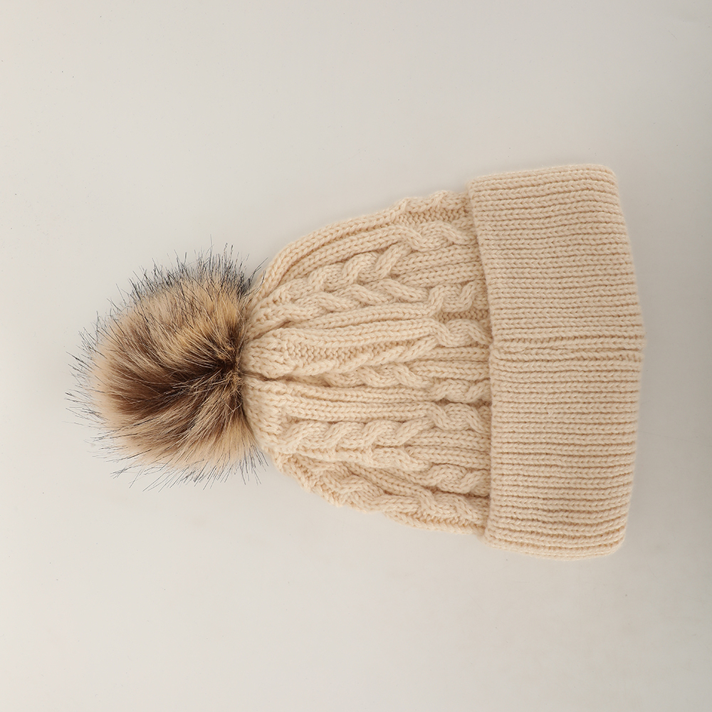 Winter Knit Beanie Hat with Faux Fur Pom and Cuffed Design